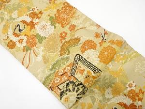 アンティーク　鶴に御所車・草花模様織り出し名古屋帯（着用可）